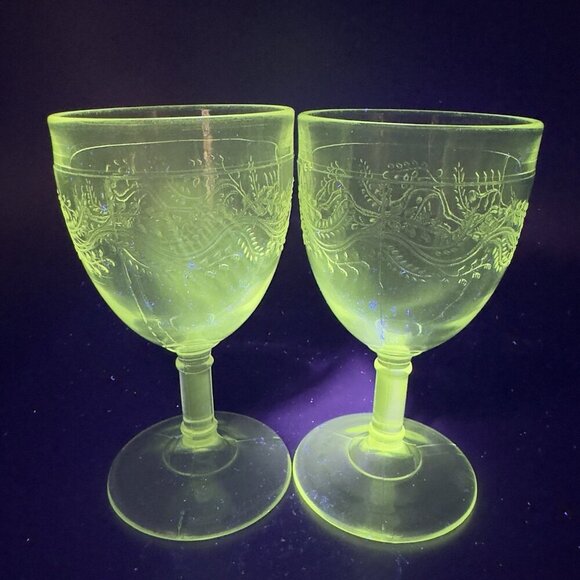 Antique EAPG Capitola Barley Goblet Bryce Higbee Clear Cups Manganese 365nm Set2 - Picture 16 of 16